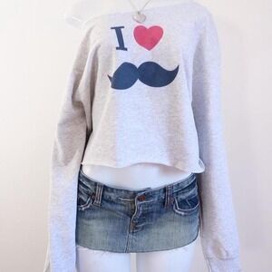 2010s i heart mustache cropped sweatshirt off shoulder grey